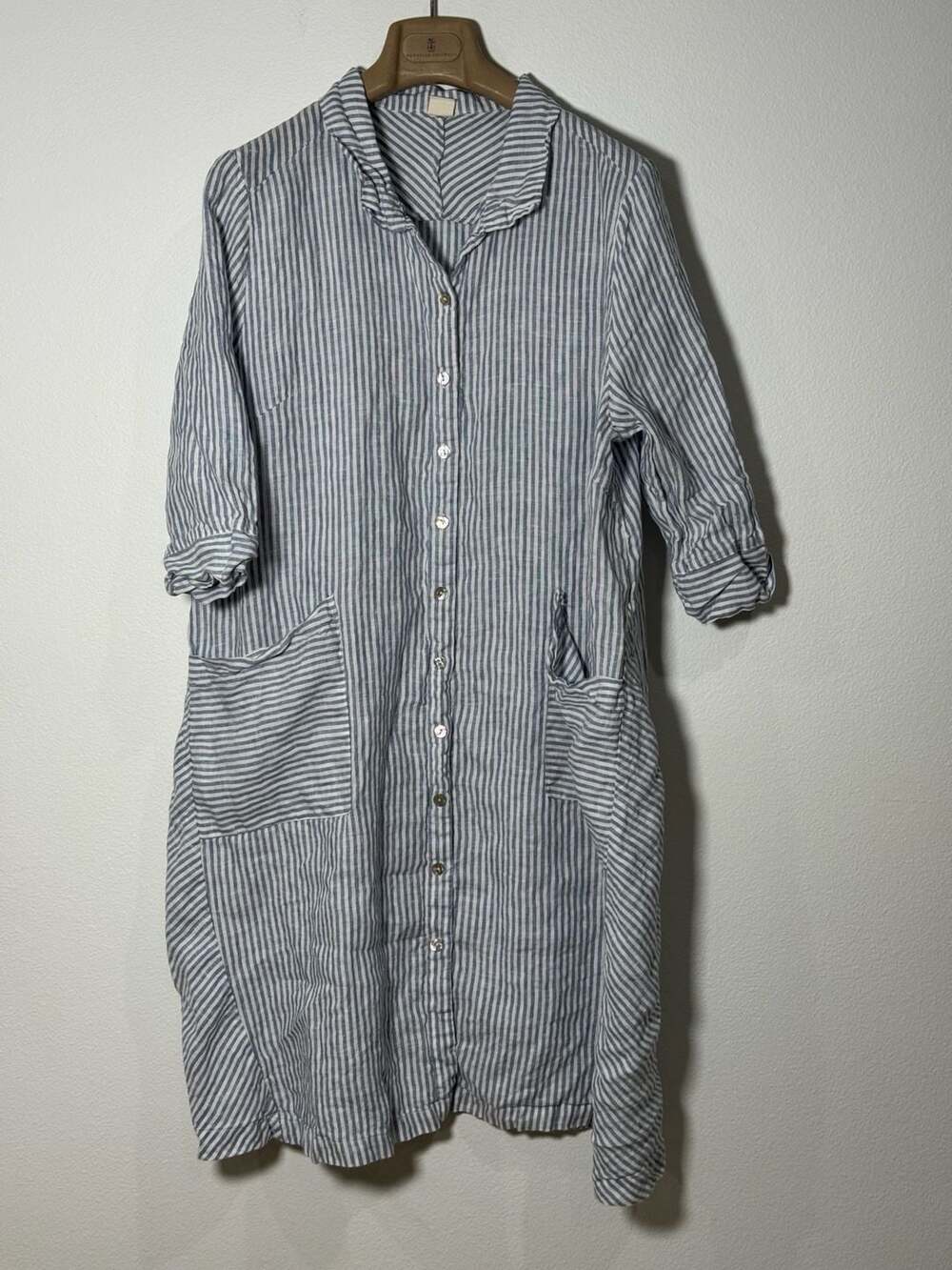 LINTICO Women's 100% Linen Striped Button-Down Shirt Dress with Pockets